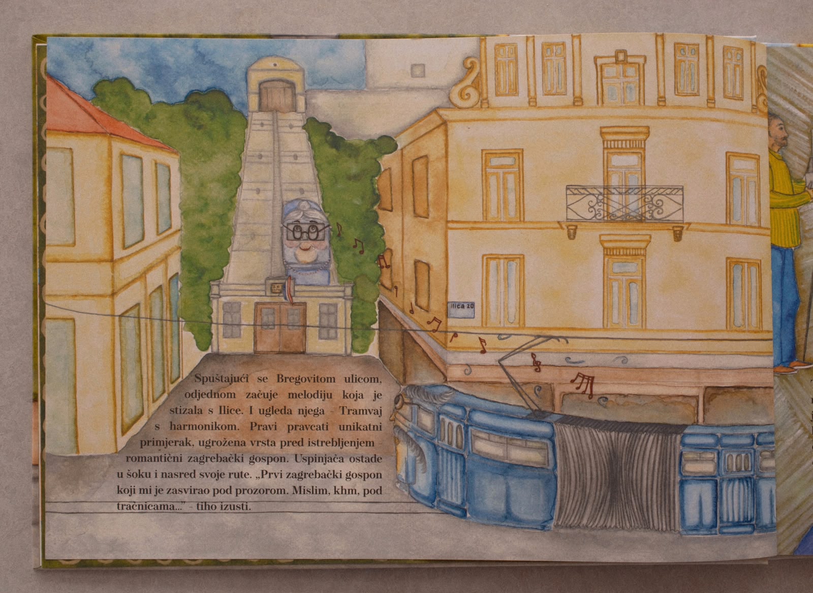 Ilustracija zagrebačke ulice s uspinjačom i tramvajem