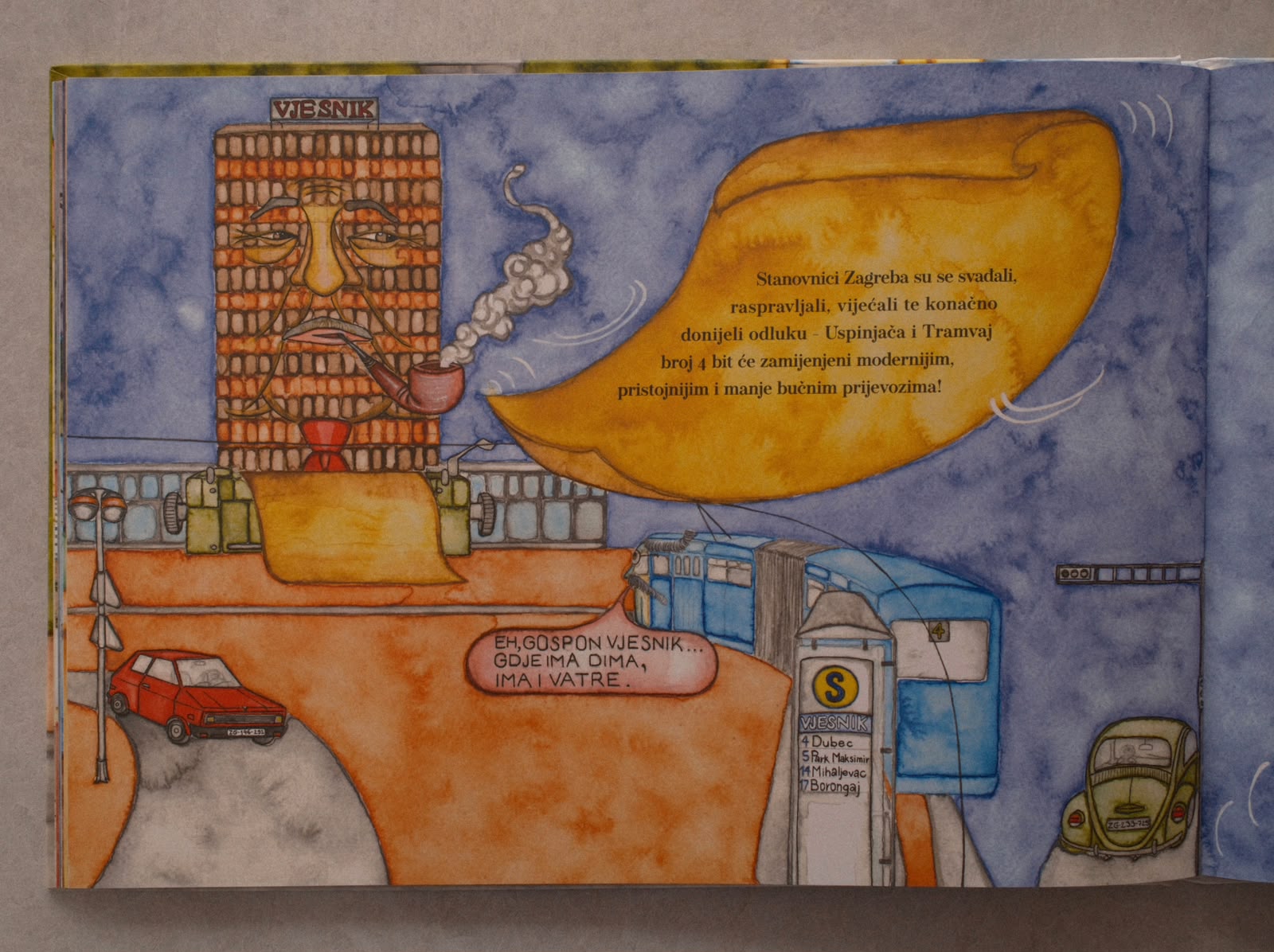 Ilustracija zgrade Vjesnika s licem i lulom